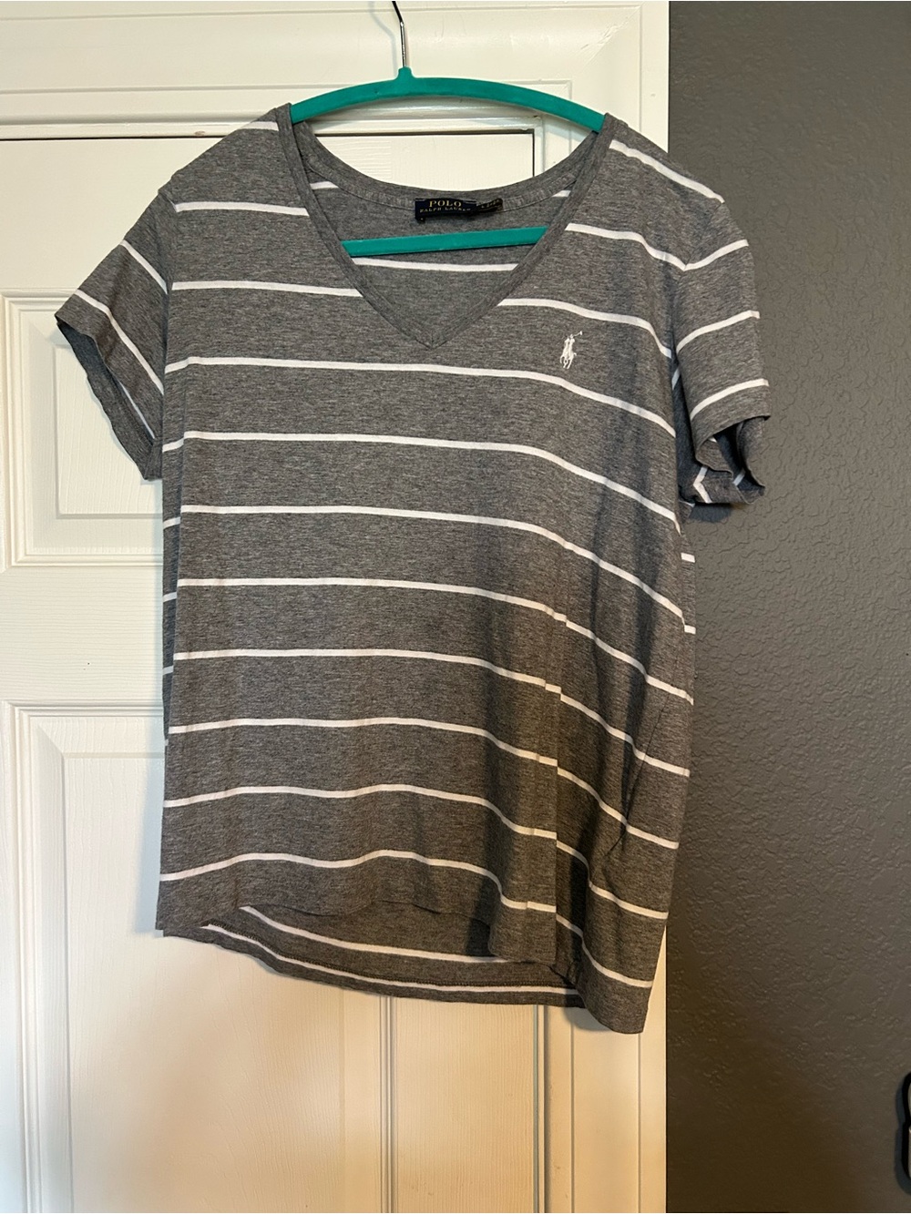 Ralph Lauren Gray and White Striped V-Neck Tee